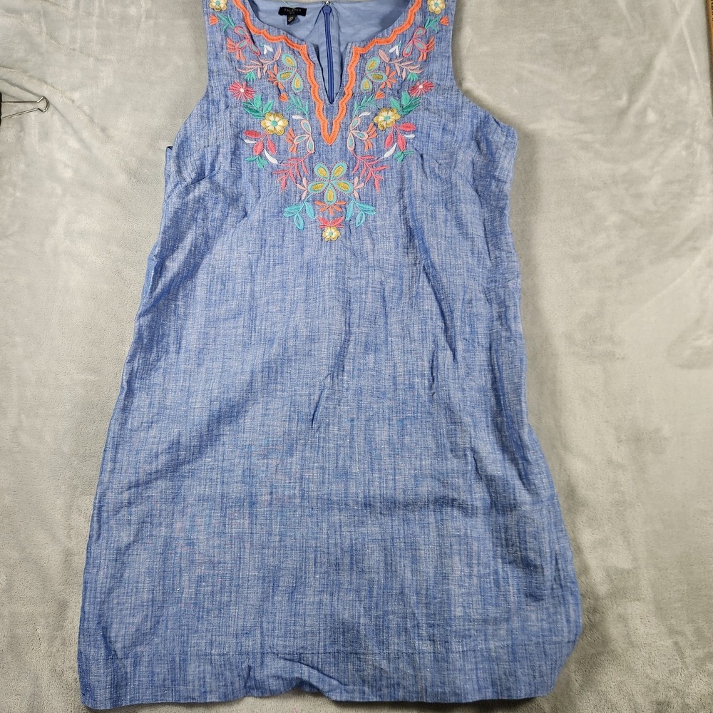 Talbots Linen Blend Floral Embroidered Chambray Shift Dress Blue Size 12 Preppy